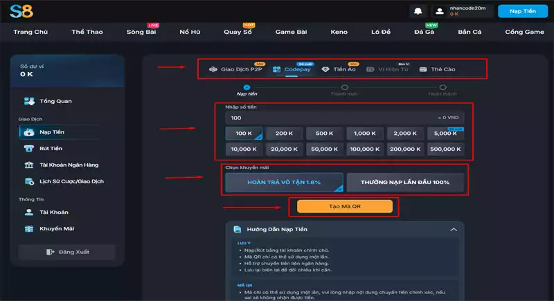Hướng dẫn nạp tiền S8club